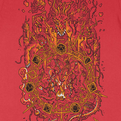 Castle ruins crumbling as the dragon crashes through them towards the party of player characters and their campfire, printed on red fabric. For RPG nights and game nights!